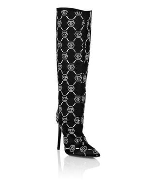 Philipp Plein Satin Boots High Heels Mid Strass Monogram - Black