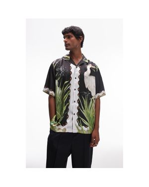 TOPMAN Crane Print Satin Camp Shirt - Green
