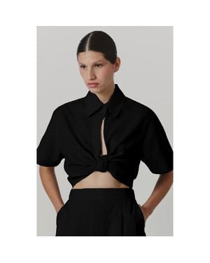 De Loreta Myriam Short Sleeve Knot Front Cotton Top - Black