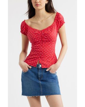 BP. Lace Trim Stretch Cotton Button-Up Top - Red