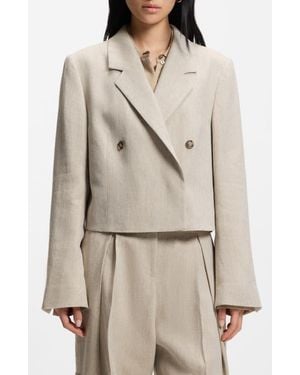 BOSS Jojeka1 Double Breasted Linen Blend Crop Blazer - Natural