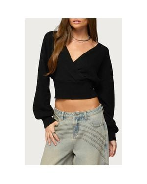 Edikted Lillia V-Neck Wrap Crop Sweater - Black
