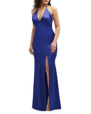 After Six Plunge Neck Charmeuse Halter Gown - Blue