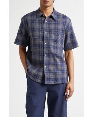 Palmes Check Cotton & Linen Short Sleeve Button-Up Shirt - Blue