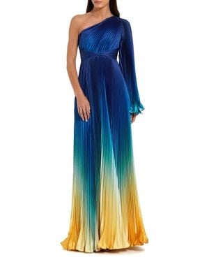 Mac Duggal Petite Pleated Charmeuse One-Shoulder Ombre Gown With Flared Sleeve - Blue