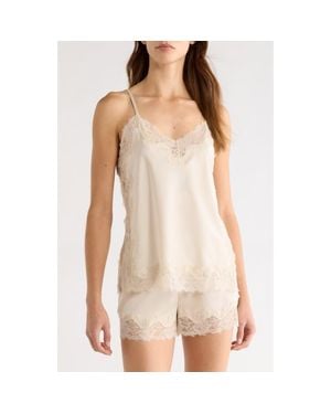 Open Edit Lace Trim Satin Short Pajamas - Natural