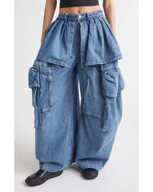 Collina Strada Hazel Skirt Panel Oversize Denim Cargo Pants - Blue