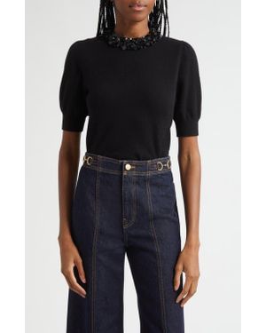 Ulla Johnson Crystal Collar Short Sleeve Cashmere Sweater - Black