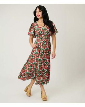Unique Vintage Short Puff Sleeve Sweetheart Neck Godet Midi Dress - Multicolor