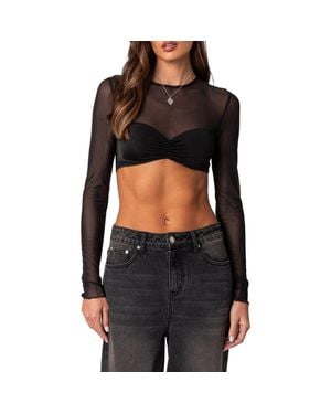 Edikted Night Out Long Sleeve Illusion Neck Crop Top - Black