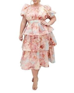 City Chic Heavenly Floral Puff Sleeve Tiered Midi Dress - Pink