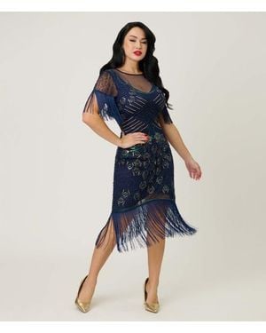 Unique Vintage Beaded Nadine Fringe Flapper Dress - Blue