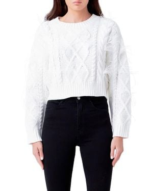 Endless Rose Feather Trim Crop Sweater - White