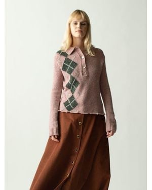 Lingua Franca Lee Tweed Argyle Polo Shirt - Brown