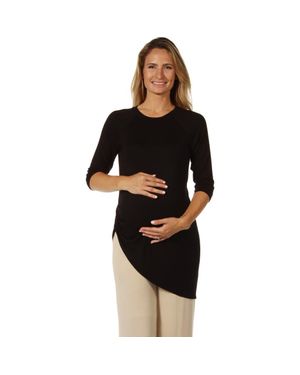 24seven Comfort Apparel Long Sleeve Knee Length Asymmetrical Maternity Tunic Top - Black