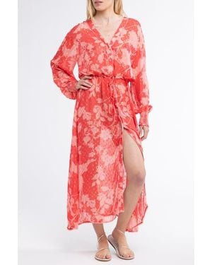 Sunday Saint Tropez Cabana Cover-Up Flower Kaftan Dress - Red