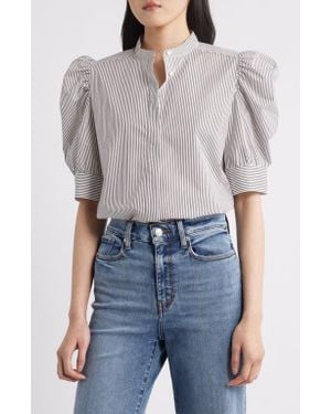FRAME The Shirred Puff Sleeve Stripe Organic Cotton Top - Blue