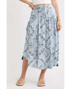 Treasure & Bond Scarf Print Drop Waist Midi Skirt - Blue