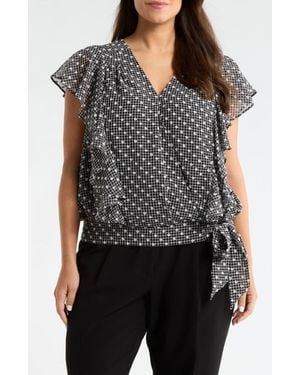 Liverpool Jeans Company Plaid Swiss Dot Flutter Sleeve Ruffle Top - Black