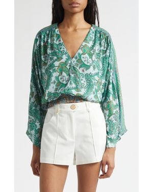 Ramy Brook Trisha Paisley Deep V-Neck Top - Green