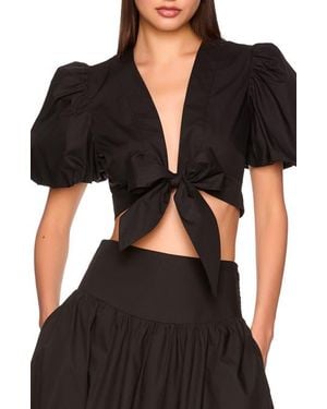 Susana Monaco Bubble Sleeve Tie Front Cotton Poplin Top - Black