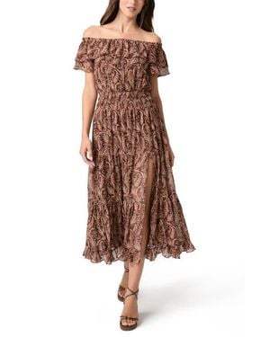 PAIGE Alistar Print Ruffle Off The Shoulder Silk Midi Dress - Brown