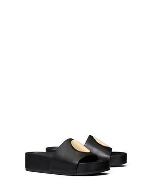 Tory Burch Patos Leather Platform Slide Sandals - Black