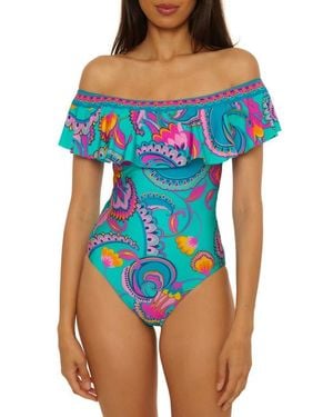 Trina Turk Mykonos Ruffle Off The Shoulder One-Piece Swimsuit - Blue
