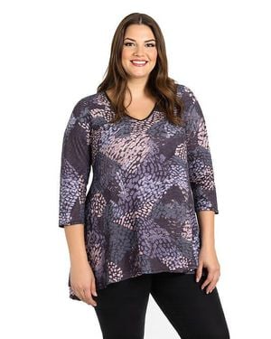 24seven Comfort Apparel Plus Size Abstract Print V-Neck Three Quarter Sleeve Tunic Top - Purple