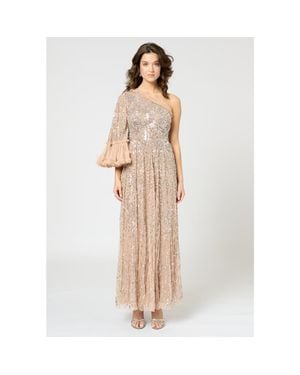 Beauut One Shoulder Embellished Sequin Beaded Maxi Dress - Natural