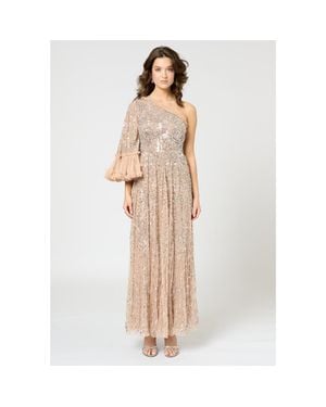 Beauut One Shoulder Embellished Sequin Beaded Maxi Dress - Natural