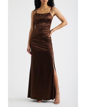 Emerald Sundae Emma Ruched Tie Strap Satin Gown - Brown