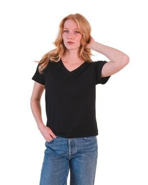 Poplinen Louise Organic Cotton + Tencel V-Neck Tee - Black