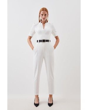Karen Millen Structured Crepe Forever Belted Jumpsuit - White