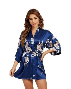 SILKSILKY 19Momme Pure Silk Printed Short Robe - Blue
