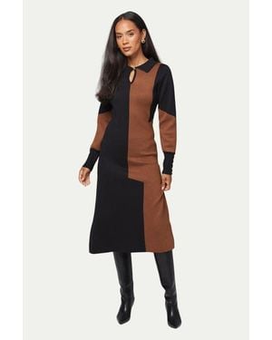 Wallis Color Block Collared Knitted Dress - Black