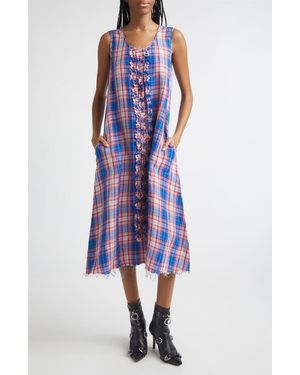 R13 Frayed Ruffle Plaid Midi Dress - Blue