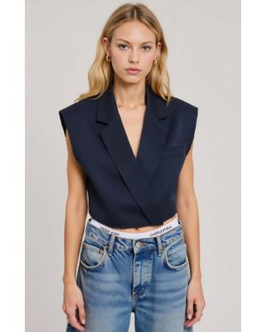 Modenaire Sleeveless Cropped Tailored Collar Raw Edge Hem Blazer Vest - Blue