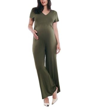 Motherhood Maternity Short Sleeve V-Neck Flare Leg Jumpsuit - Green