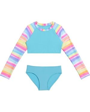 Aqua Green Girls Longsleeve Cropped Rashguard 2-Piece Swimwear Set - Blue
