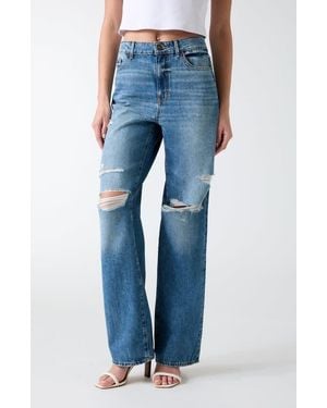 Guess High Waist Ripped Straight Leg Jeans - Blue