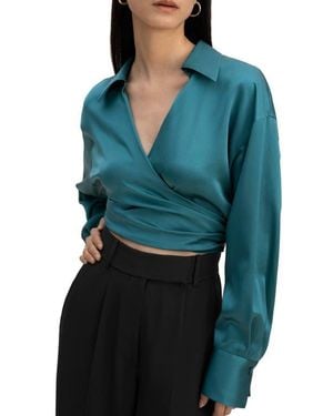 LILYSILK Pure Silk Blouse Wrapover Cropped Shirt - Blue