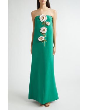 Lela Rose 3D Peony Embroidered Strapless Faille Gown - Green