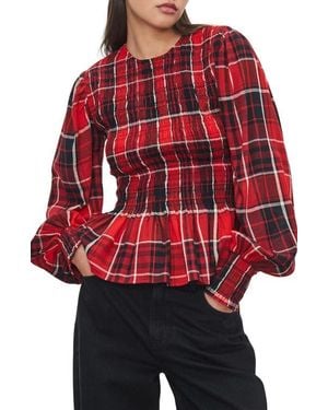 Next Plaid Smocked Peplum Cotton Blend Top - Red