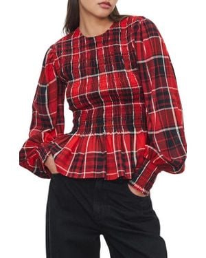 Next Plaid Smocked Peplum Cotton Blend Top - Red