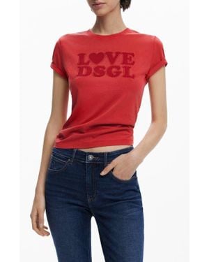 Desigual Rhinestone Embellished Cotton Graphic T-Shirt - Red