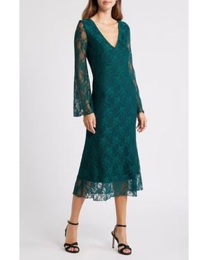 Loveappella Bell Lace Overlay Long Sleeve Midi Dress - Green