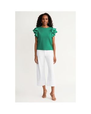 Ming Wang Family Savvy Flutter Sleeve Mixed-Media Top - Green