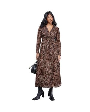 Warehouse Plunge Neck Waisted Midi Dress - Brown