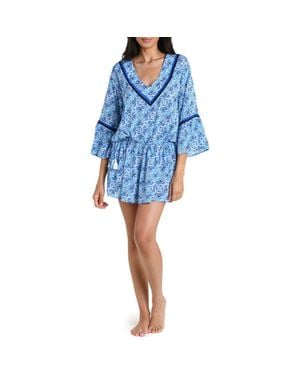 La Blanca Costa Azul Bell Sleeve Drawstring Waist Cover-Up Tunic - Blue